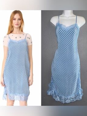 Free People Blue Polka Dot Lace Margot 2fer Slip Dress Womens Small - Medium 4